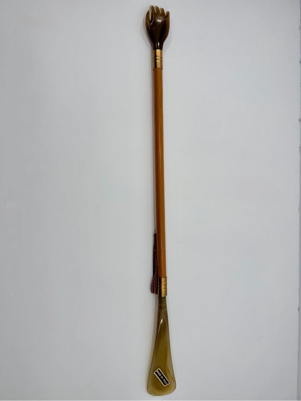 VTG 70s Italian 2-in-1 Valet Shoehorn Back Scratcher Faux Horn MCM Kitsch 21"